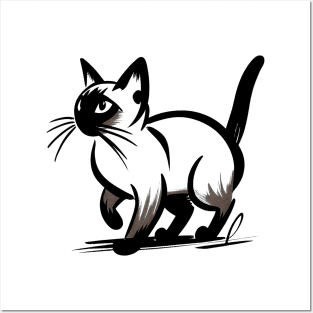Stick figure Siamese cat in black ink Posters and Art